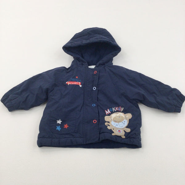 'Cheeky Monkey' Appliqued Navy Jacket with Hood - Boys 3-6 Months