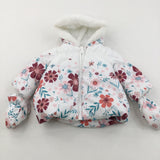 Flowers & Insets White & Pink Fleece Lined Coat with Hood - Girls 3-6 Months