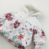 Flowers & Insets White & Pink Fleece Lined Coat with Hood - Girls 3-6 Months