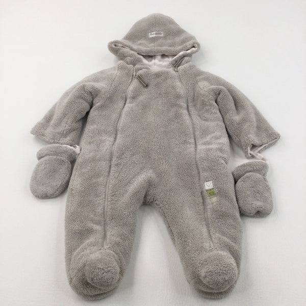 Light Brown Jersey Lined Fleece Pramsuit with Hood & Detachable Mitts - Boys/Girls 6-9 Months