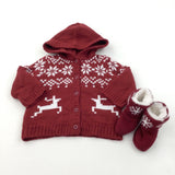 Reindeer & Snowflakes Burgundy & White Knitted Hoodie Christmas Jumper & Booties Set - Boys/Girls 0-3 Months