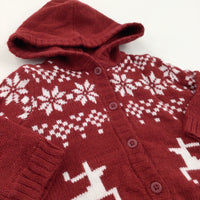 Reindeer & Snowflakes Burgundy & White Knitted Hoodie Christmas Jumper & Booties Set - Boys/Girls 0-3 Months