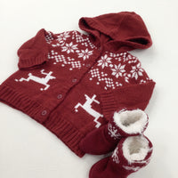 Reindeer & Snowflakes Burgundy & White Knitted Hoodie Christmas Jumper & Booties Set - Boys/Girls 0-3 Months