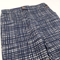 Navy & White Checked Pattern Midweight Cotton Trousers - Girls 10-11 Years