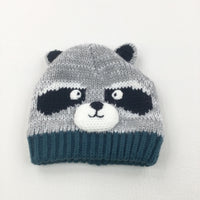 Raccoon Grey & Teal Knitted Hat with Ears - Boys 6-18 Months