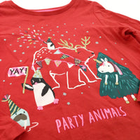 'Party Animal' Unicorn, Reindeer & Christmas Tree Glittery Red Long Sleeve Top - Girls 2-3 Years