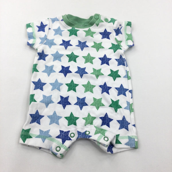 Stars White, Blue & Green Jersey Short Romper - Boys Newborn