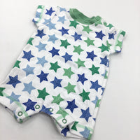 Stars White, Blue & Green Jersey Short Romper - Boys Newborn