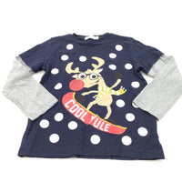 'Cool Yule' Snowboarding Reindeer Navy & Grey Long Sleeve Christmas Top - Boys 5-6