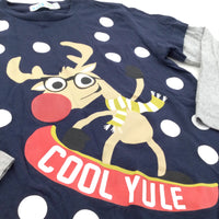 'Cool Yule' Snowboarding Reindeer Navy & Grey Long Sleeve Christmas Top - Boys 5-6