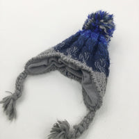 Grey, Blue & Navy Fleece Lined Bobble Hat with Tassels - Boys 6-12 Months
