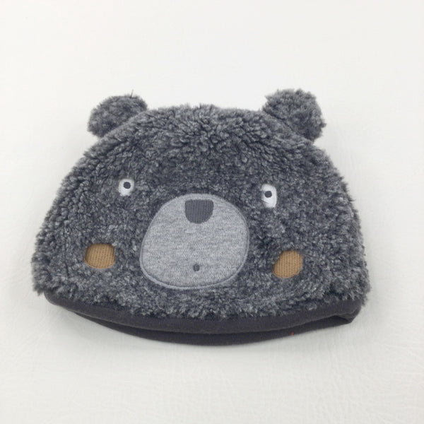 Bear Face Appliqued Jersey Lined Fleece Hat with Ears - Boys 6-12 Months