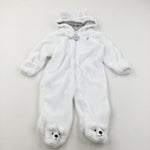 Bear Embroidered White Fleece Pramsuit with Integrated Mitts, Hood & Ears - Boys/Girls 9 Months