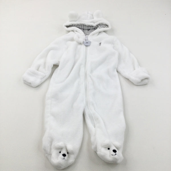 Bear Embroidered White Fleece Pramsuit with Integrated Mitts, Hood & Ears - Boys/Girls 9 Months