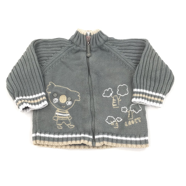 Koala Embroidered Green & Cream Zip Up Knitted Cardigan - Boys 3-6 Months