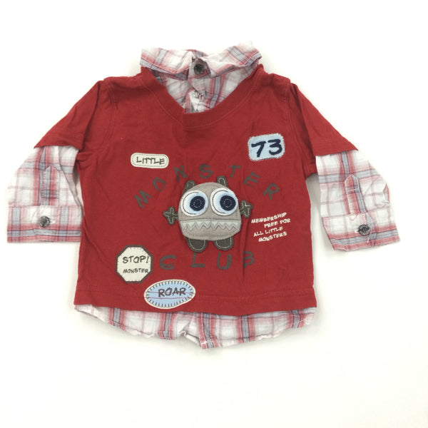 'Little Monster Club' Red Long Sleeve Top with Faux Shirt Collar & Sleeves - Boys 3-6 Months