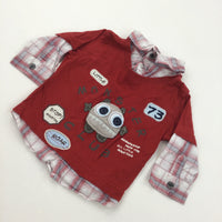 'Little Monster Club' Red Long Sleeve Top with Faux Shirt Collar & Sleeves - Boys 3-6 Months