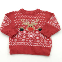 Rudolph Reindeer Red & White Knitted Christmas Jumper - Boys/Girls 9-12 Months