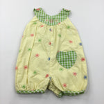 Flowers Embroidered Green & Yellow Cotton Short Romper - Girls 0-3 Months