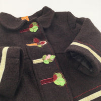Flowers Appliqued Button Up Brown Fabric Coat - Girls 9-12 Months
