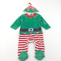 Elf Green, Red & White Velour Pramsuit with Non-Slip Feet & Matching Hat - Boys/Girls 9-12 Months