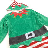 Elf Green, Red & White Velour Pramsuit with Non-Slip Feet & Matching Hat - Boys/Girls 9-12 Months