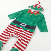 Elf Green, Red & White Velour Pramsuit with Non-Slip Feet & Matching Hat - Boys/Girls 9-12 Months