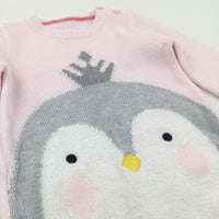 Penguin Pink & Grey Knitted Romper - Girls 9-12 Months
