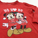 'Ho Ho Ho' Mickey Mouse & Minnie Mouse Glittery Red Long Sleeve Christmas Top - Girls 18-24 Months