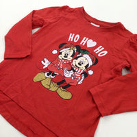 'Ho Ho Ho' Mickey Mouse & Minnie Mouse Glittery Red Long Sleeve Christmas Top - Girls 18-24 Months