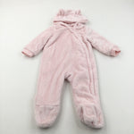 Pink Jersey Lined Fleece Pramsuit with Hood & Ears - Girls 9-12 Months