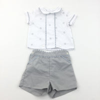 Flowers Embroidered White & Grey Cotton Shirt & Shorts Set - Boys/Girls 12-18 Months