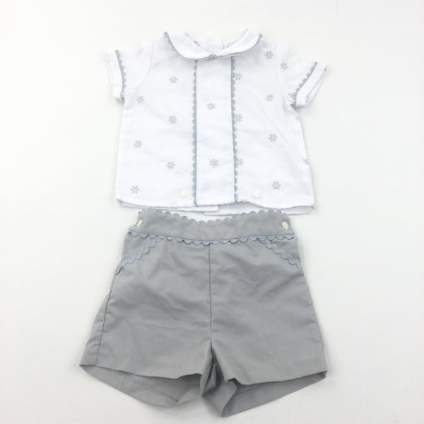 Flowers Embroidered White & Grey Cotton Shirt & Shorts Set - Boys/Girls 12-18 Months