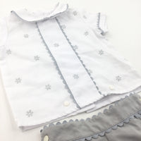 Flowers Embroidered White & Grey Cotton Shirt & Shorts Set - Boys/Girls 12-18 Months