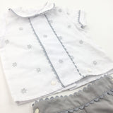 Flowers Embroidered White & Grey Cotton Shirt & Shorts Set - Boys/Girls 12-18 Months