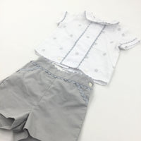 Flowers Embroidered White & Grey Cotton Shirt & Shorts Set - Boys/Girls 12-18 Months