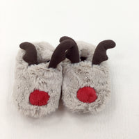 Rudolph Reindeer Grey Fluffy Shoes - Boys/Girls 3-6 Months