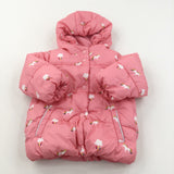 Unicorns & Clouds Pink Padded Fleece Lined Coat with Hood - Girls 9-12 Months