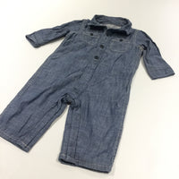 Denim Effect Cotton Lined Shirt Style Long Sleeve Romper - Boys 3-6 Months