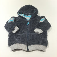 Reversible Slate Blue Fleece / Blue & Grey Striped Jersey Coat with Hood - Boys 3-6 Months
