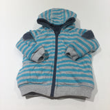 Reversible Slate Blue Fleece / Blue & Grey Striped Jersey Coat with Hood - Boys 3-6 Months