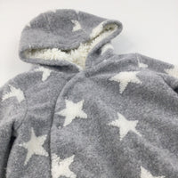 Stars White & Grey Thick Fleece Pramsuit with Hood - Boys/Girls 12-18 Months