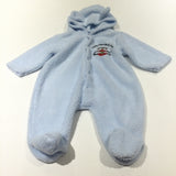 'Teddy Flies Up & Away' Aeroplane Blue Lightweight Fleece Pramsuit with Hood & Ears - Boys 3-6 Months