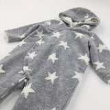 Stars White & Grey Thick Fleece Pramsuit with Hood - Boys/Girls 12-18 Months