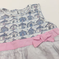 Beach Huts Blue, Pink & White Jersey & Cotton Sun Dress - Girls 12-18 Months