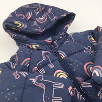 Unicorns & Rainbows Navy Padded Coat with Hood - Girls 12-18 Months