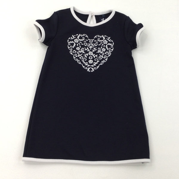 Heart Embroidered Navy Dress - Girls 18-24 Months