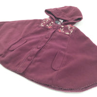 Flowers Embroidered Purple Lined Fabric Poncho with Hood - Girls 12-18 Months