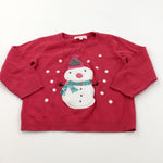 Snowman Appliqued Red Knitted Christmas Jumper - Girls 18-24 Months