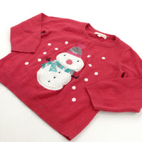 Snowman Appliqued Red Knitted Christmas Jumper - Girls 18-24 Months